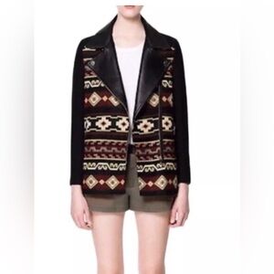 Zara Womens Sz XS Knit Aztec Western Tribal Moto Leather Jacket Oversized